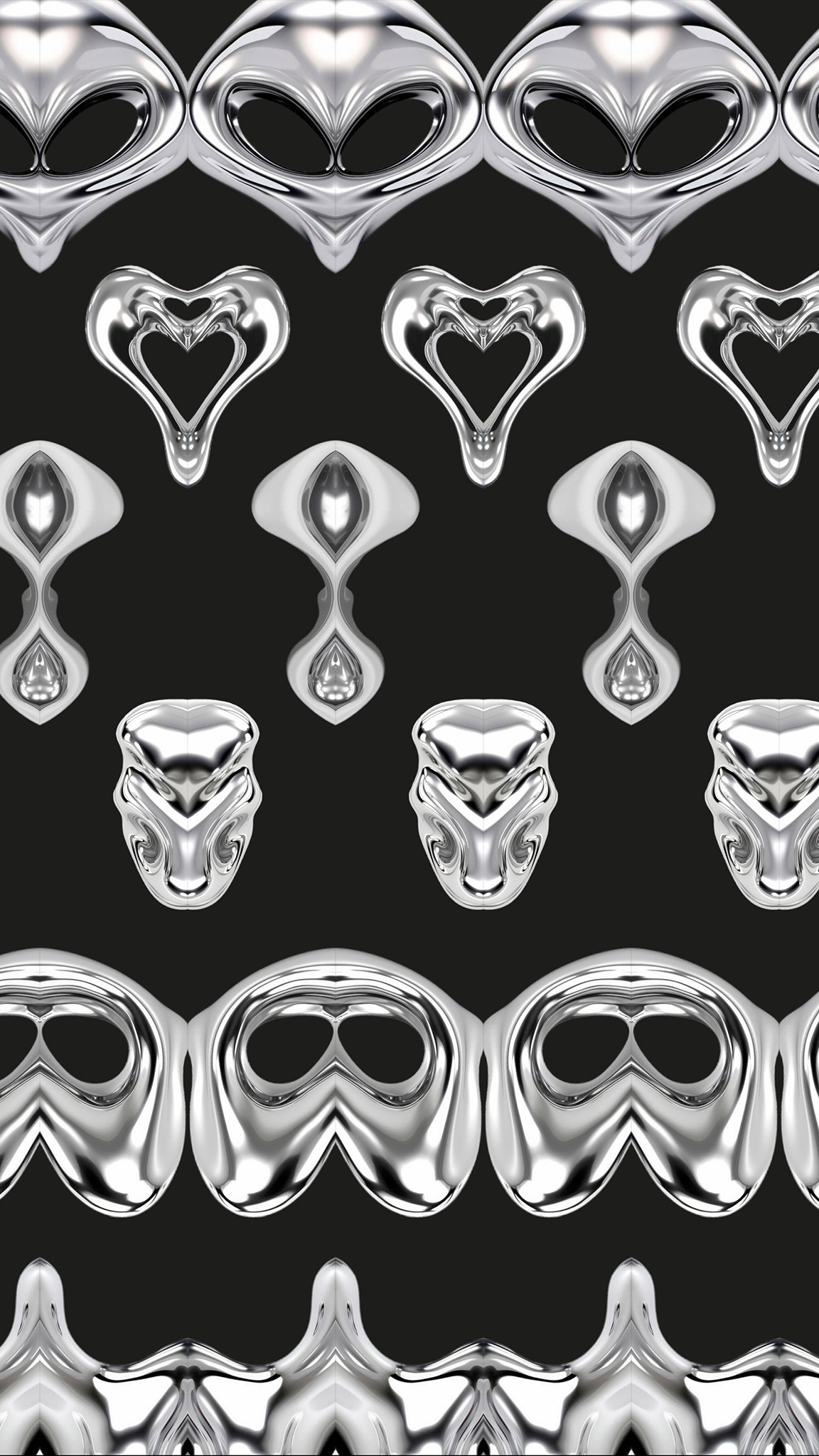 Composizione di forme metalliche liquide argento con motivi ornamentali simmetrici su sfondo nero